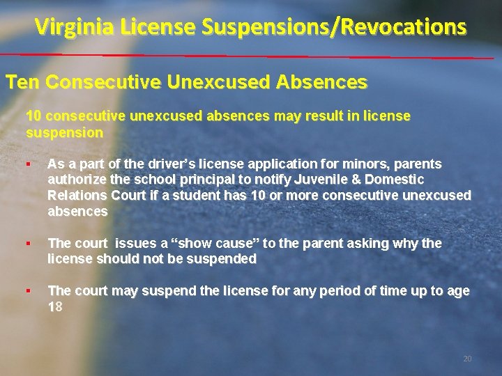 Virginia License Suspensions/Revocations Ten Consecutive Unexcused Absences 10 consecutive unexcused absences may result in Virginia License Suspensions/Revocations Ten Consecutive Unexcused Absences 10 consecutive unexcused absences may result in