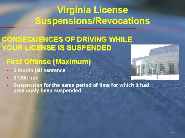 Virginia License Suspensions/Revocations CONSEQUENCES OF DRIVING WHILE YOUR LICENSE IS SUSPENDED First Offense (Maximum)