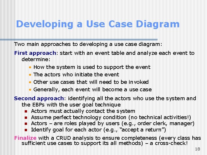 Developing a Use Case Diagram Two main approaches to developing a use case diagram: