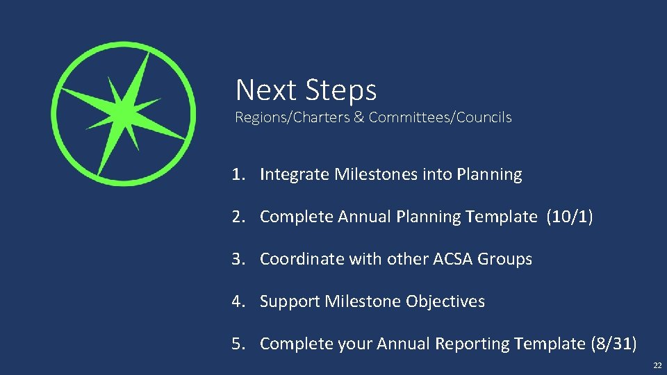 Next Steps Regions/Charters & Committees/Councils 1. Integrate Milestones into Planning 2. Complete Annual Planning