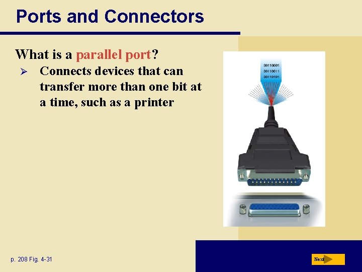 Ports and Connectors What is a parallel port? Ø Connects devices that can transfer