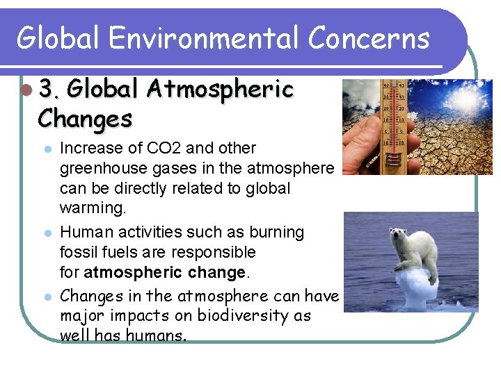 Global Environmental Concerns l 3. Global Atmospheric Changes l l l Increase of CO