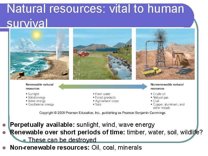 Natural resources: vital to human survival Perpetually available: sunlight, wind, wave energy Renewable over