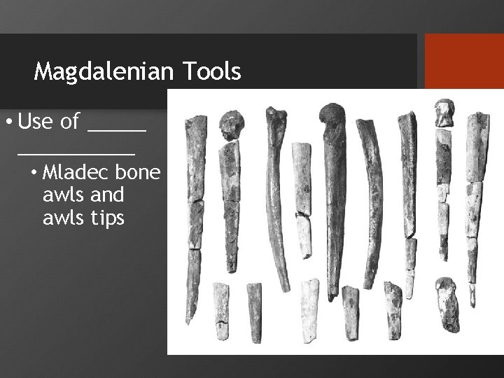 Magdalenian Tools • Use of __________ • Mladec bone awls and awls tips 