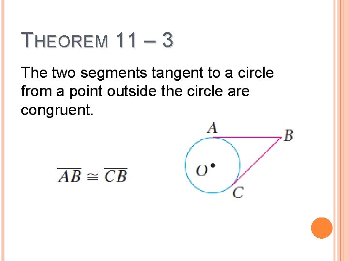 THEOREM 11 – 3 The two segments tangent to a circle from a point