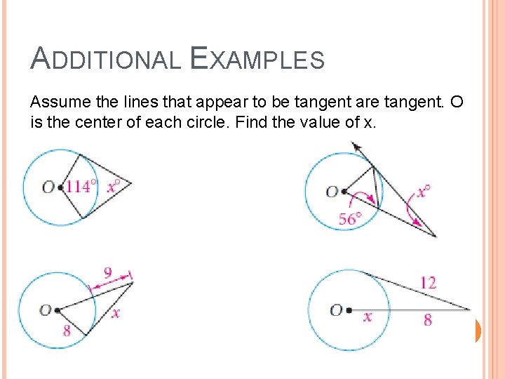 ADDITIONAL EXAMPLES Assume the lines that appear to be tangent are tangent. O is