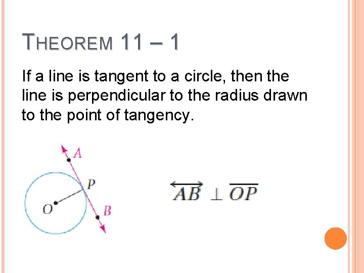 THEOREM 11 – 1 If a line is tangent to a circle, then the