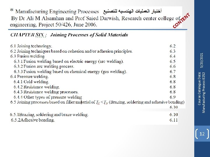 Course Catalogue Data: Manufacturing Process IE 252 5/20/2021 NT E T N CO 12