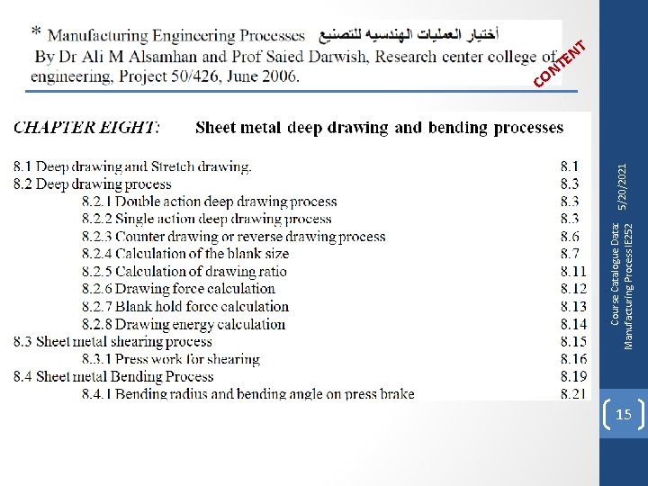 Course Catalogue Data: Manufacturing Process IE 252 5/20/2021 NT E T N CO 15