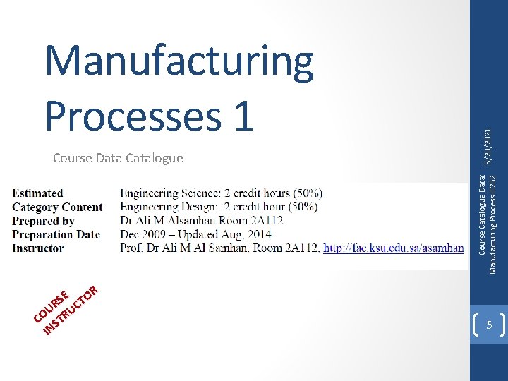 Course Catalogue Data: Manufacturing Process IE 252 Course Data Catalogue 5/20/2021 Manufacturing Processes 1