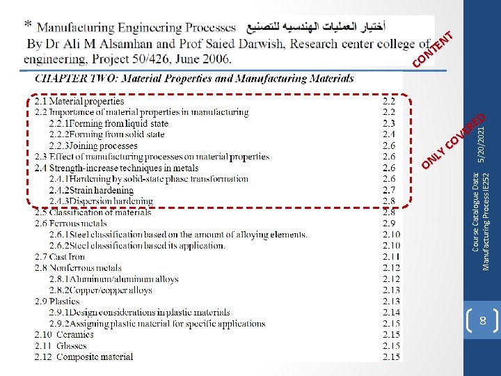 LY N O Course Catalogue Data: Manufacturing Process IE 252 ED R E V