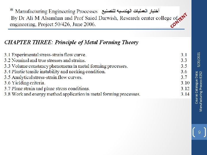 Course Catalogue Data: Manufacturing Process IE 252 5/20/2021 NT E T N CO 9