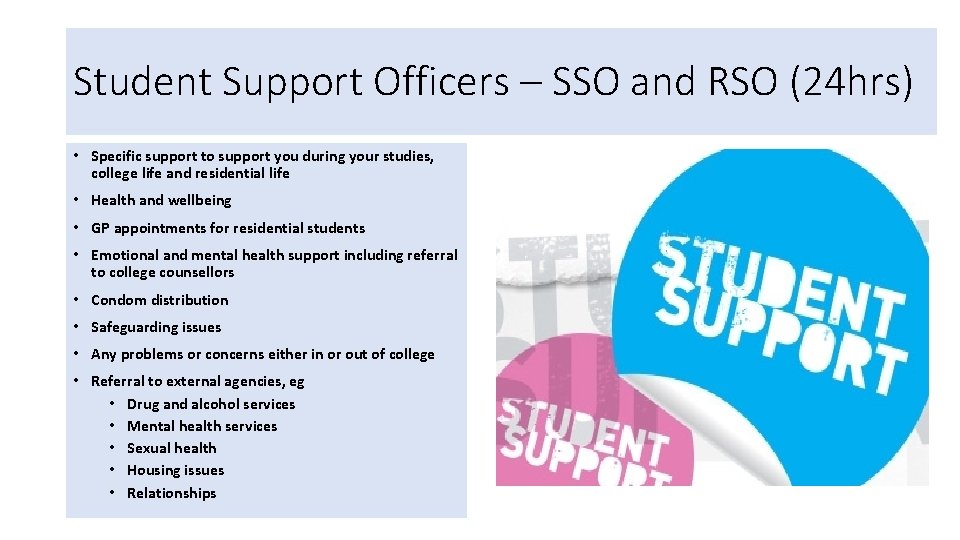 Student Support Officers – SSO and RSO (24 hrs) • Specific support to support