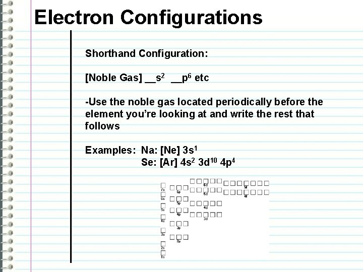 Electron Configurations Shorthand Configuration: [Noble Gas] __s 2 __p 6 etc -Use the noble