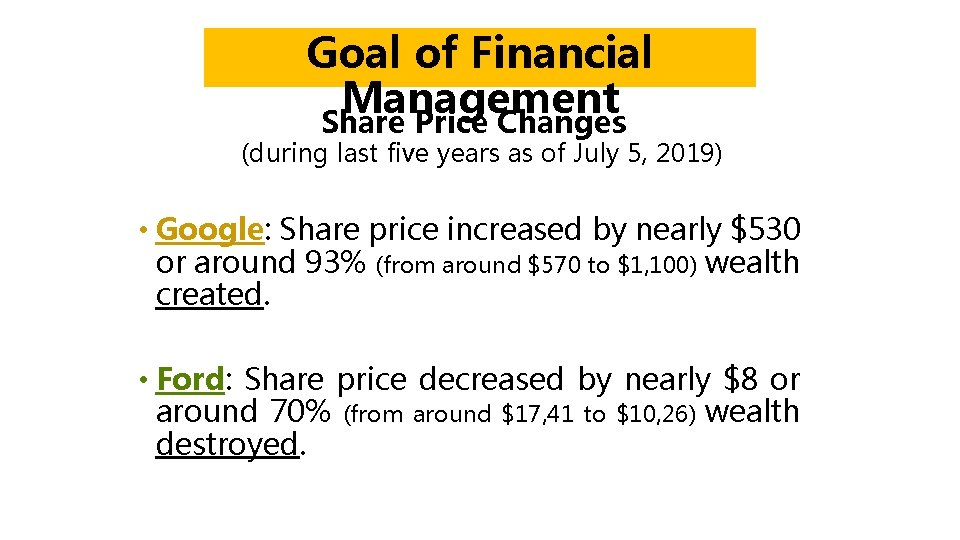 Goal of Financial Management Share Price Changes (during last five years as of July