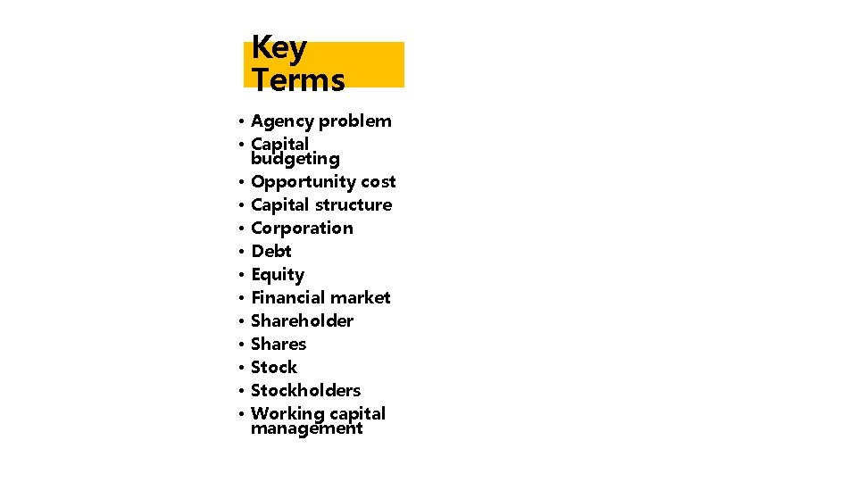Key Terms • Agency problem • Capital budgeting • Opportunity cost • Capital structure