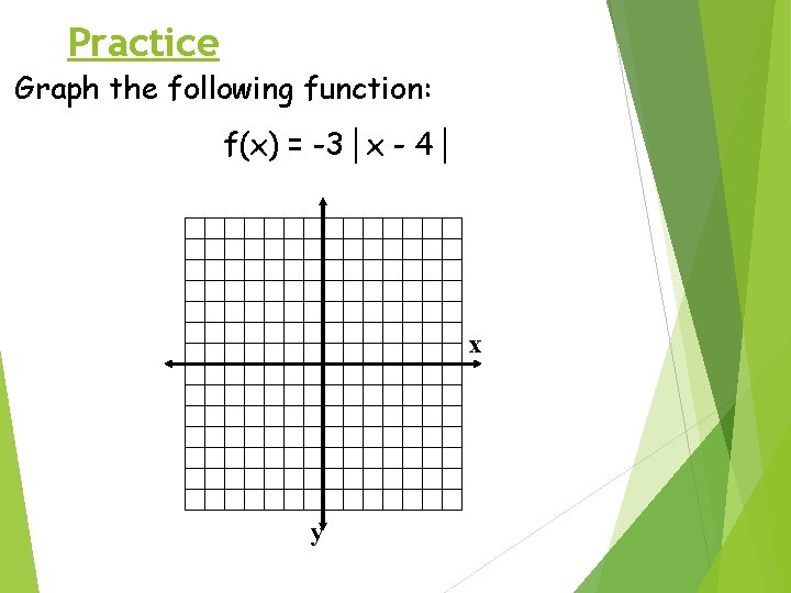 Practice Graph the following function: f(x) = -3│x - 4│ x y 
