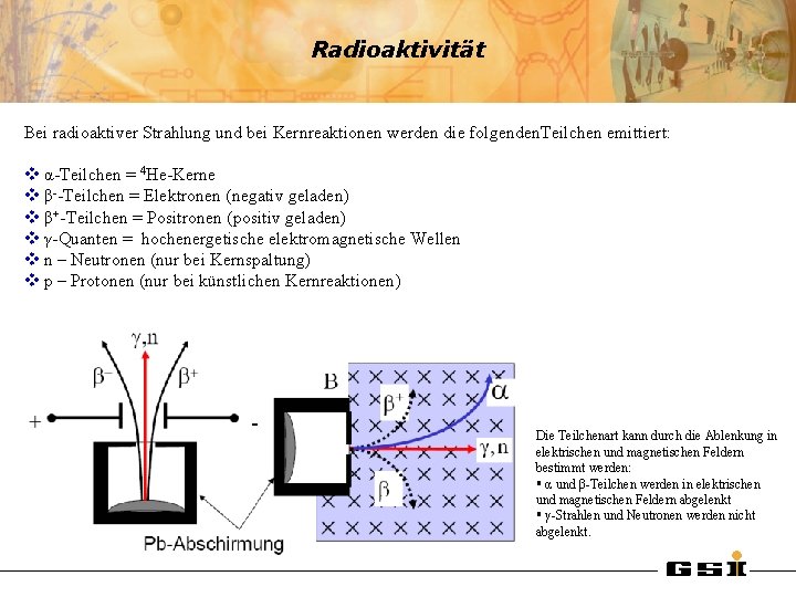 Radioaktivität Bei radioaktiver Strahlung und bei Kernreaktionen werden die folgenden. Teilchen emittiert: v α-Teilchen