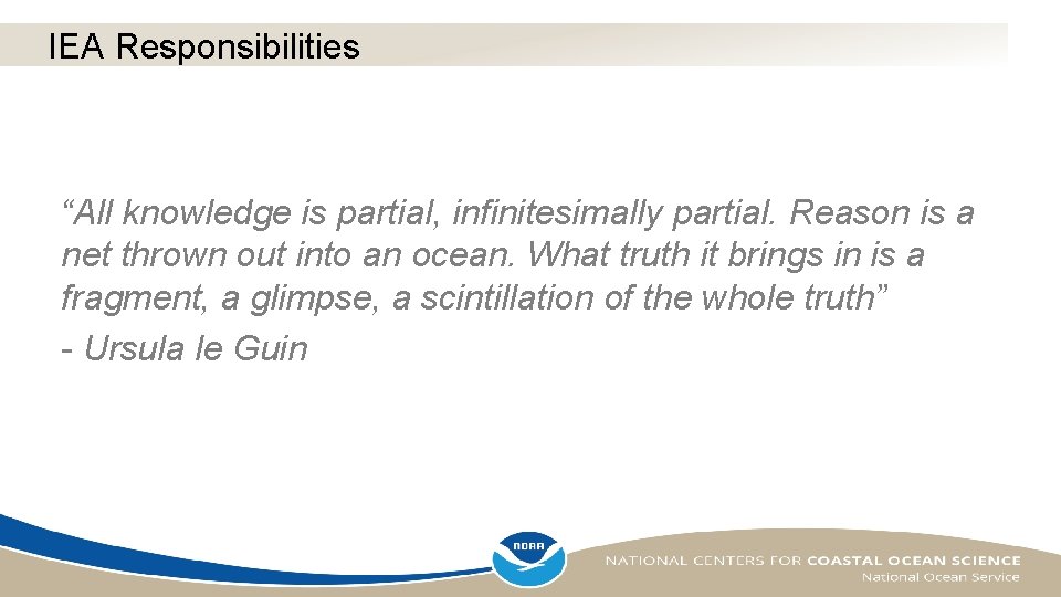 IEA Responsibilities “All knowledge is partial, infinitesimally partial. Reason is a net thrown out