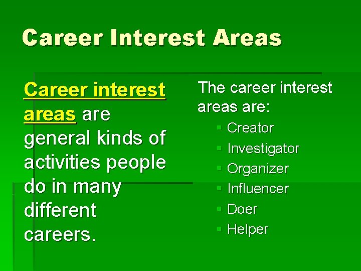 Career Interest Areas Career interest areas are general kinds of activities people do in Career Interest Areas Career interest areas are general kinds of activities people do in