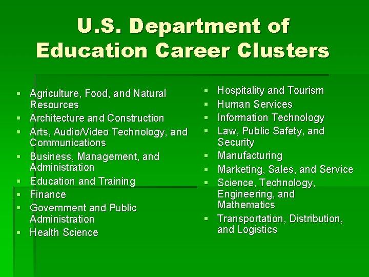U. S. Department of Education Career Clusters § Agriculture, Food, and Natural Resources § U. S. Department of Education Career Clusters § Agriculture, Food, and Natural Resources §