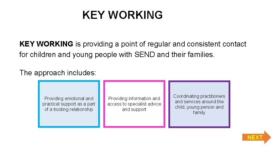 KEY WORKING is providing a point of regular and consistent contact for children and