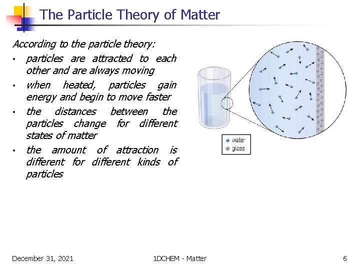 The Particle Theory of Matter According to the particle theory: • particles are attracted