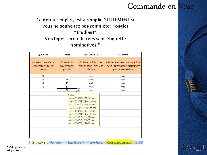 Commande en Vrac Ce dernier onglet, est à remplir SEULEMENT si vous ne souhaitez