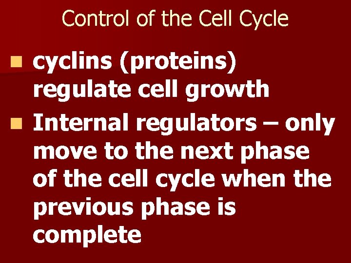 Control of the Cell Cycle cyclins (proteins) regulate cell growth n Internal regulators – Control of the Cell Cycle cyclins (proteins) regulate cell growth n Internal regulators –