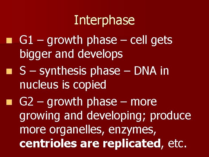 Interphase G 1 – growth phase – cell gets bigger and develops n S