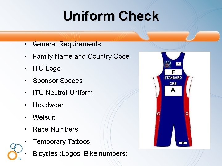 Uniform Check • General Requirements • Family Name and Country Code • ITU Logo