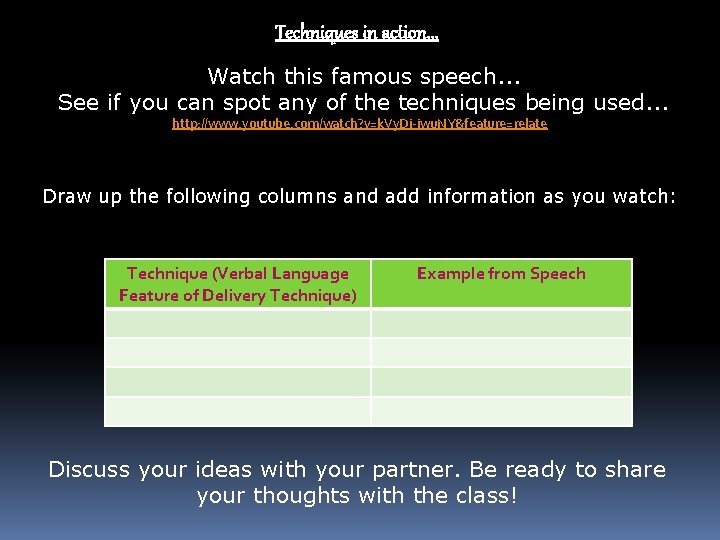 Techniques in action. . . Watch this famous speech. . . See if you