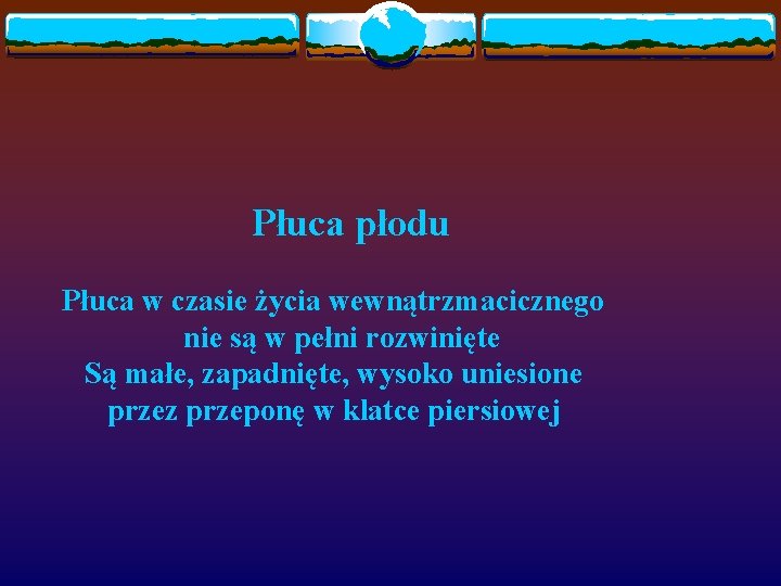 Płuca płodu Płuca w czasie życia wewnątrzmacicznego nie są w pełni rozwinięte Są małe,