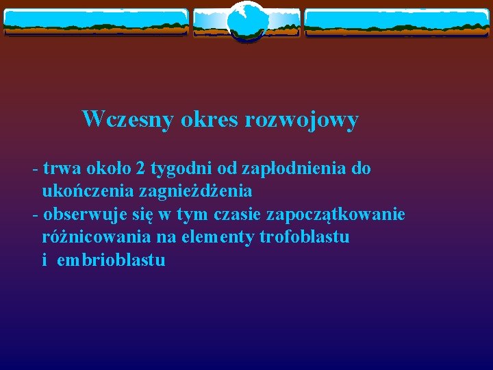 Wczesny okres rozwojowy - trwa około 2 tygodni od zapłodnienia do ukończenia zagnieżdżenia -