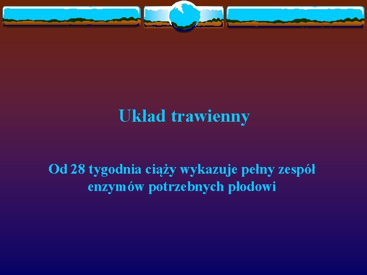 Układ trawienny Od 28 tygodnia ciąży wykazuje pełny zespół enzymów potrzebnych płodowi 