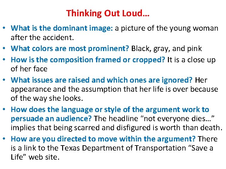 Thinking Out Loud… • What is the dominant image: a picture of the young