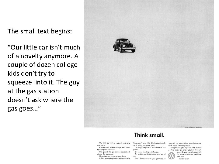 The small text begins: “Our little car isn’t much of a novelty anymore. A