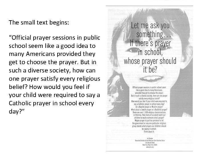 The small text begins: “Official prayer sessions in public school seem like a good