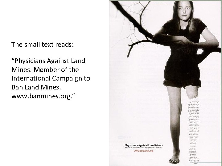 The small text reads: “Physicians Against Land Mines. Member of the International Campaign to