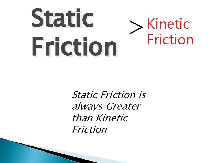 Static > Kinetic Friction Static Friction is always Greater than Kinetic Friction Static > Kinetic Friction Static Friction is always Greater than Kinetic Friction