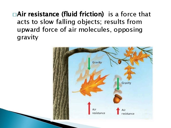 � Air resistance (fluid friction) is a force that acts to slow falling objects; � Air resistance (fluid friction) is a force that acts to slow falling objects;