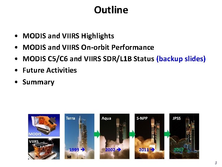 Outline • • • MODIS and VIIRS Highlights MODIS and VIIRS On-orbit Performance MODIS