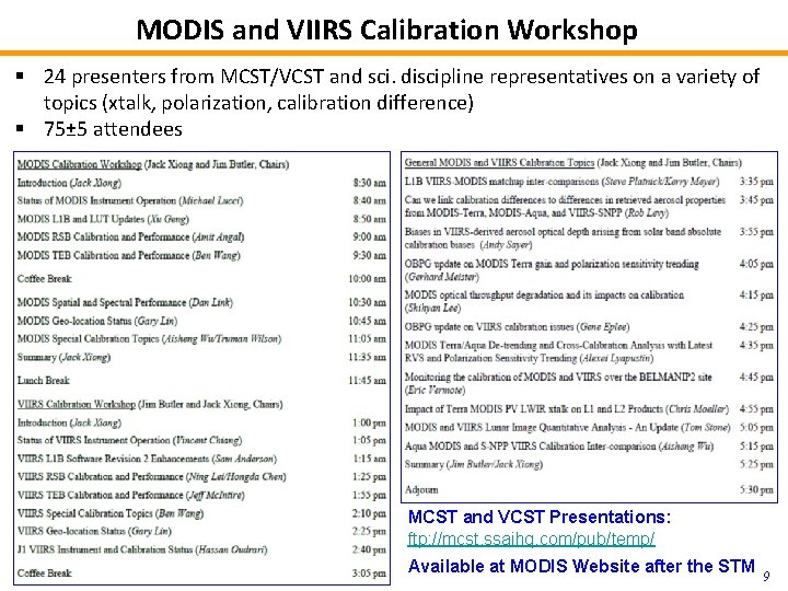 MODIS and VIIRS Calibration Workshop § 24 presenters from MCST/VCST and sci. discipline representatives