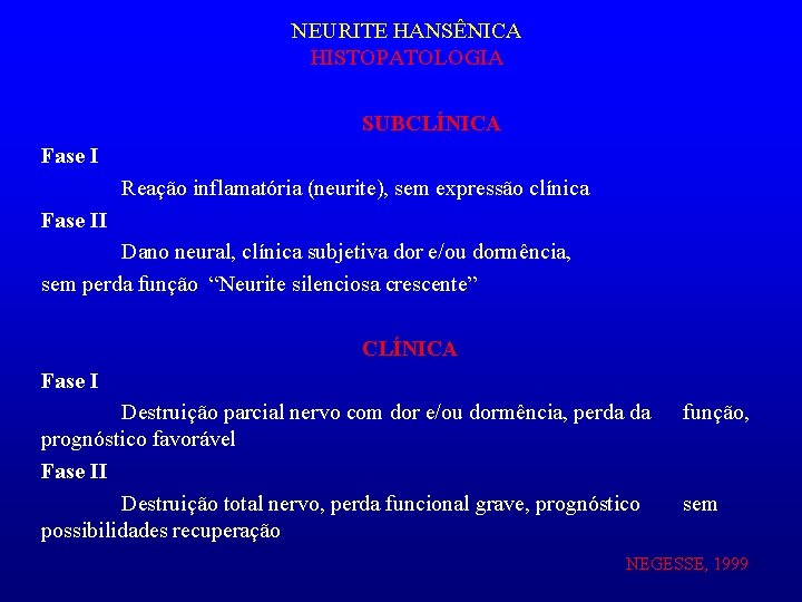 NEURITE HANSÊNICA HISTOPATOLOGIA SUBCLÍNICA Fase I Reação inflamatória (neurite), sem expressão clínica Fase II