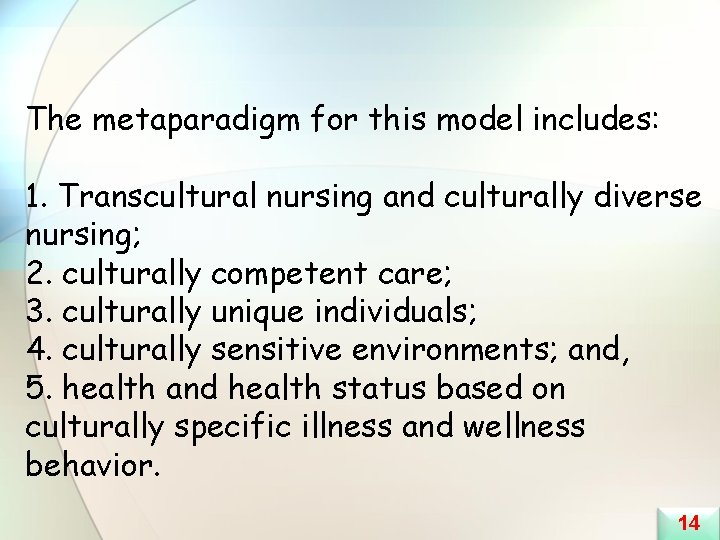 The metaparadigm for this model includes: 1. Transcultural nursing and culturally diverse nursing; 2.