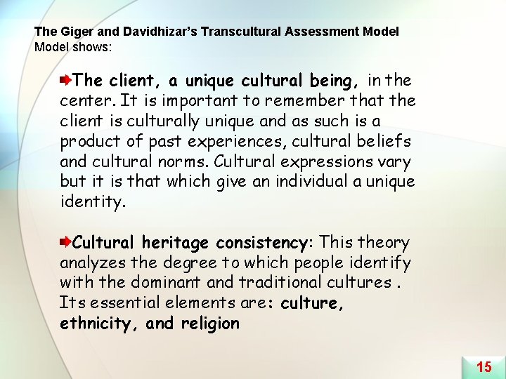 The Giger and Davidhizar’s Transcultural Assessment Model shows: The client, a unique cultural being,
