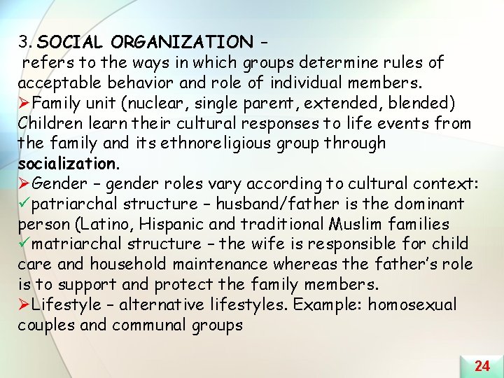 3. SOCIAL ORGANIZATION – refers to the ways in which groups determine rules of