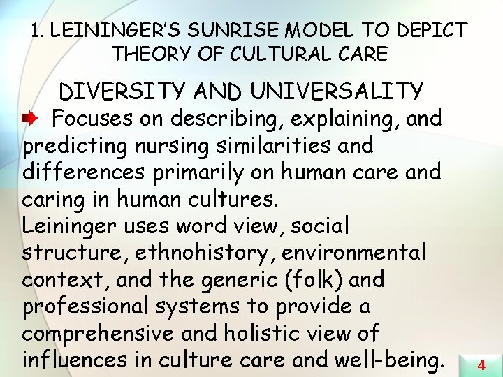 1. LEININGER’S SUNRISE MODEL TO DEPICT THEORY OF CULTURAL CARE DIVERSITY AND UNIVERSALITY Focuses