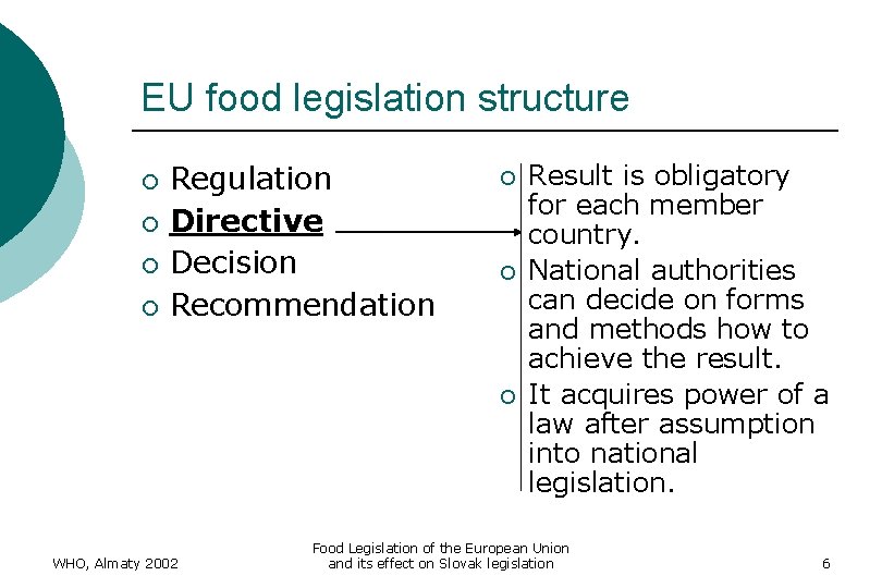 EU food legislation structure ¡ ¡ Regulation Directive Decision Recommendation ¡ ¡ ¡ WHO,