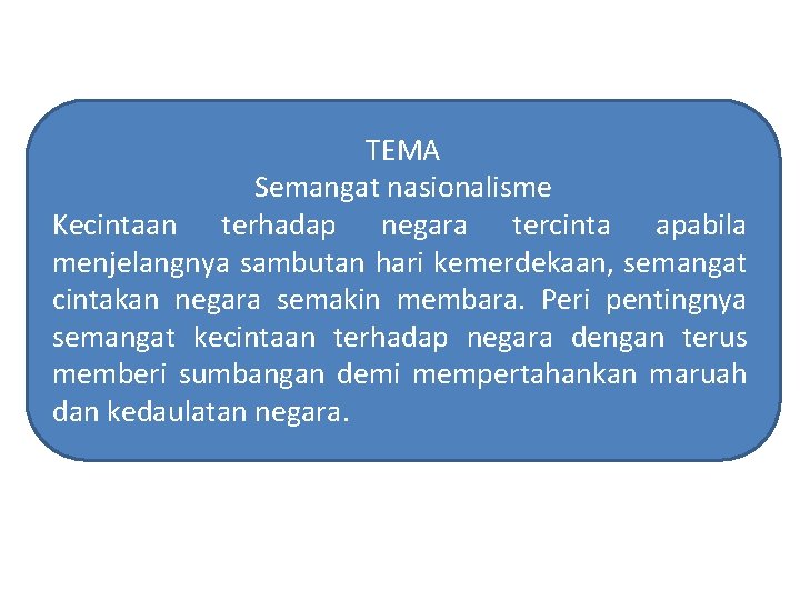 TEMA Semangat nasionalisme Kecintaan terhadap negara tercinta apabila menjelangnya sambutan hari kemerdekaan, semangat cintakan